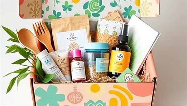 A vibrant and colorful subscription box filled with various eco-friendly products such as bamboo utensils, organic beauty items, and recyclable lifestyle goods, symbolizing sustainability and conscious consumerism.