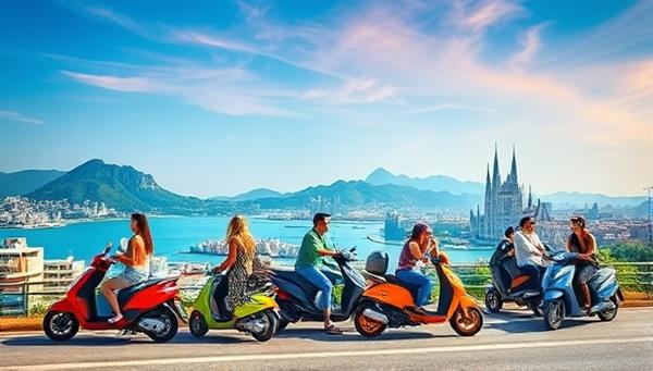 A visually captivating image of a group of tourists exploring a scenic destination on colorful scooters, with iconic landmarks in the background, conveying a sense of adventure and discovery.