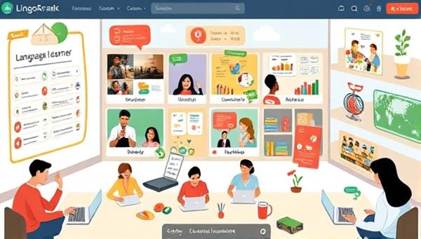 An educational visual representation of a virtual language learning environment with diverse language learners engaging in interactive language lessons, cultural activities, and language exchange sessions, showcasing a vibrant and inclusive online language learning community on LingoLink.