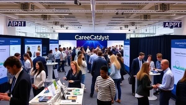 A virtual career fair setting within CareerCatalyst, featuring participants engaging with industry mentors, attending workshops, and networking in a digital environment, symbolizing career growth, opportunity, and professional development.