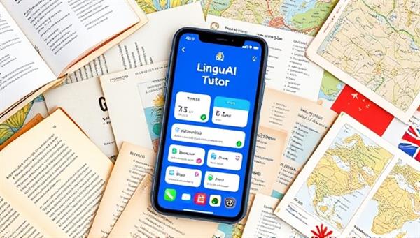 A smartphone screen displaying the LinguaAI Tutor app interface with interactive language exercises, progress tracking, and AI-powered pronunciation feedback, surrounded by diverse language learning materials like books, flashcards, and maps, creating a dynamic learning environment.