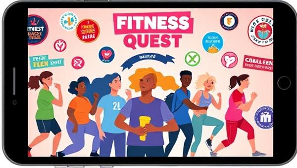 A dynamic digital illustration showcasing a group of students actively participating in fitness challenges and tracking their progress on the FitEd Quest app, surrounded by virtual badges, workout animations, and motivational quotes, creating a vibrant and energetic fitness community within the app.