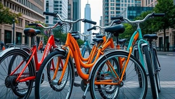An eye-catching image featuring a row of colorful bikes lined up against a city backdrop, symbolizing urban mobility, freedom, and the convenience of bike rental subscriptions.