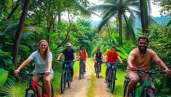A group of diverse travelers joyfully cycling through a lush forest trail on electric bikes, surrounded by vibrant landscapes and local wildlife, capturing the essence of sustainable and adventurous travel experiences with EcoCycles.