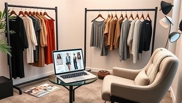 A sleek and modern virtual styling studio setup with a stylish laptop displaying different outfit options, a rack of clothing, fashion magazines, and a plush chair for virtual consultations, creating a chic and trendy ambiance.