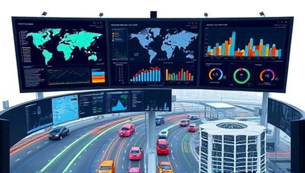 An informative graphic illustrating a virtual traffic control center with traffic flow maps, data analytics dashboards, and urban infrastructure models, symbolizing expertise, innovation, and data-driven solutions in traffic management.