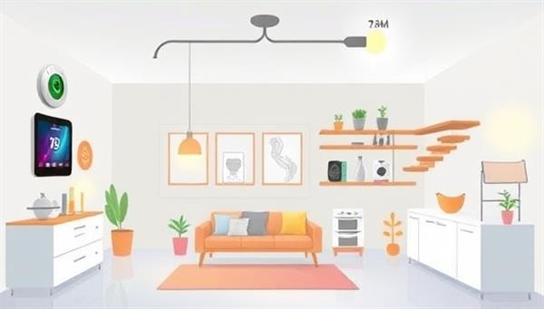An illustration showcasing a modern smart home environment with interconnected devices, such as thermostats, lights, and appliances, all controlled through a central smart hub, emphasizing convenience and energy efficiency.