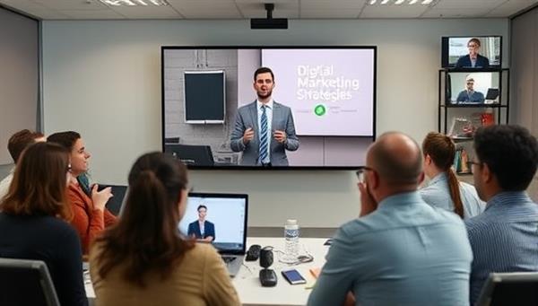 An online workshop scene with a presenter sharing insights on digital marketing strategies, surrounded by virtual participants actively engaging in the session through video conferencing, illustrating a collaborative and educational online environment.