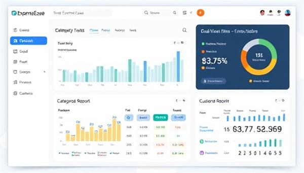A digital dashboard mockup of ExpenseEase showing real-time expense tracking, categorized transactions, budget summaries, and customized reporting options, illustrating the software