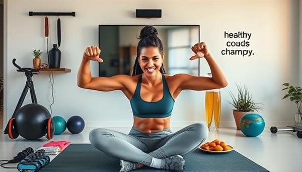 A dynamic image of a virtual fitness coach conducting a live workout session with clients via video call, surrounded by exercise equipment, healthy snacks, and motivational quotes, exuding energy and inspiration.