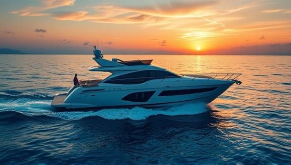 A stunning image of a sleek yacht cruising on crystal blue waters with a backdrop of a picturesque sunset, highlighting the elegance and tranquility of boating experiences with SailAway boat rental subscriptions.