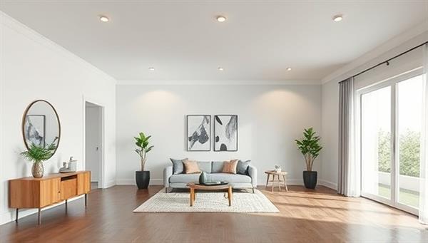 An empty room transformed into a beautifully staged living space through virtual staging, showcasing modern furniture, decor, and lighting enhancements to highlight the potential of the property.