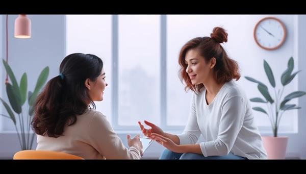 An emotive image of a virtual therapy session, showing a client and therapist engaged in a supportive conversation via video call, with a comforting virtual background and elements symbolizing mental wellness.