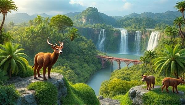 An immersive eco-adventure scene featuring virtual conservation missions, sustainability challenges, and eco-games set in lush green landscapes, diverse ecosystems, and endangered habitats, inspiring players to take action for environmental preservation and biodiversity conservation.
