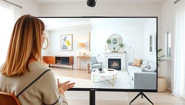 A split-screen image showing a designer conducting a virtual consultation with a client, displaying a stylish virtual room design on one side and the client