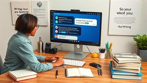 An interactive writing desk setup with a writer engaging in a conversation with the WritelyBot chatbot on a computer screen, surrounded by writing resources, notebooks, and inspirational quotes, illustrating the seamless interaction and assistance provided by the AI chatbot in the writing process, creating a dynamic and supportive writing environment.