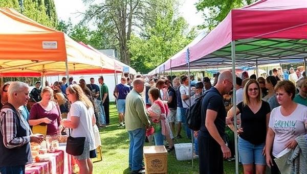 A lively outdoor scene at a community food swap event with colorful tents showcasing various homemade products, people chatting and exchanging goods, and a vibrant atmosphere of food sharing and community connection.