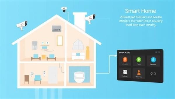 An illustration showing a smart home layout with interconnected devices like cameras, sensors, and a control panel, highlighting the seamless integration and advanced security features of the system.