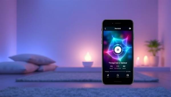An artistic representation of a serene meditation space with soft lighting, comfortable cushions, and a smartphone displaying the Tranquil Senses app interface featuring soothing imagery and calming sounds, inviting users to immerse themselves in a mindful experience.