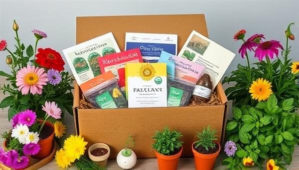 An organic seed subscription box overflowing with colorful seed packets, planting guides, and biodegradable pots, surrounded by blooming flowers and fresh herbs, evoking the essence of sustainable gardening and biodiversity preservation.