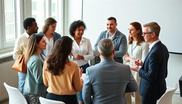 A diverse group of professionals from various backgrounds engaging in a dynamic workshop setting, exchanging ideas and experiences, symbolizing the essence of diversity and inclusion training for building harmonious workplaces.