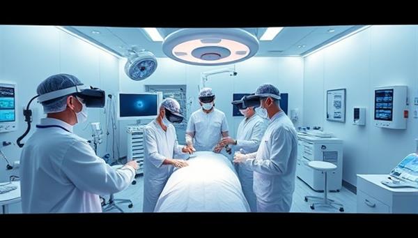 An immersive VR simulation scene depicting a healthcare training scenario with medical professionals practicing surgical procedures in a realistic virtual operating room, showcasing the platform