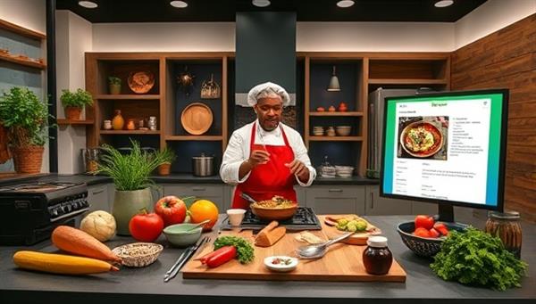 A virtual cooking studio setup with a chef conducting a live cooking demonstration, showcasing fresh ingredients, cooking utensils, and a digital recipe display, creating an immersive and educational culinary experience representative of GourmetCraft Studio