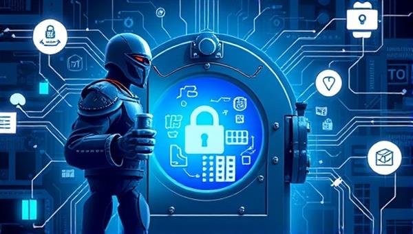 An artistic representation of a guardian figure protecting a vault filled with intellectual property symbols, surrounded by digital elements and innovation icons, symbolizing security and preservation of creative assets in the virtual realm.