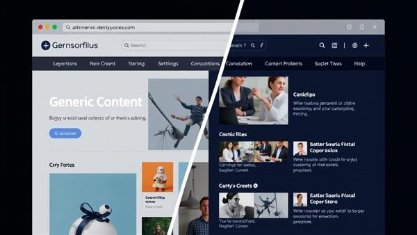 An engaging visual of a website split into two sections, one showing generic content and the other personalized content based on user preferences, highlighting the impact of AI-powered personalization.