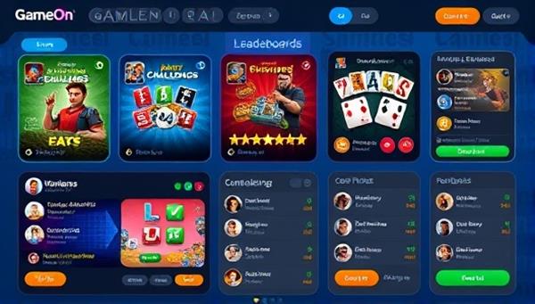 An animated social gaming challenge interface showcasing various gaming challenges, user profiles, and leaderboards, encouraging players to compete, connect, and engage in a vibrant and interactive gaming community on GameOn Social.