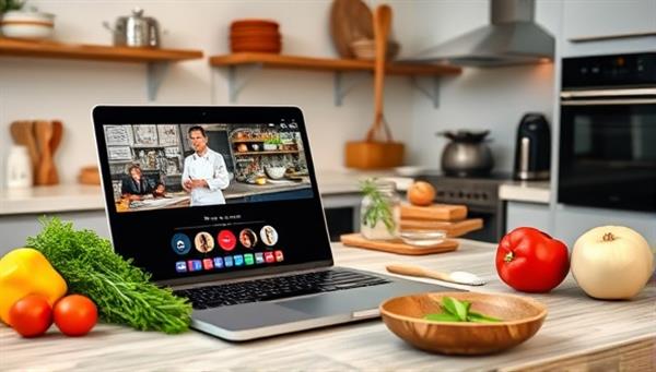 An inviting kitchen setup with a laptop displaying a live cooking class session, ingredients neatly arranged on the counter, and a chef guiding a student through a recipe, showcasing the interactive and educational nature of the online cooking classes.