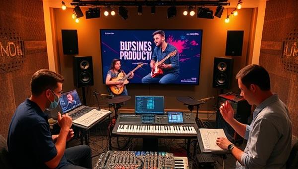 A creative and inspirational music production workshop setup featuring participants collaborating on a virtual music project, with instruments, recording equipment, and digital music software displayed on screen, capturing the essence of creativity and collaboration in a virtual music studio.
