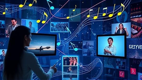An artistic visualization of a virtual music lesson with a teacher and student interacting through screens, musical notes floating in the virtual space, creating a harmonious and immersive learning experience.
