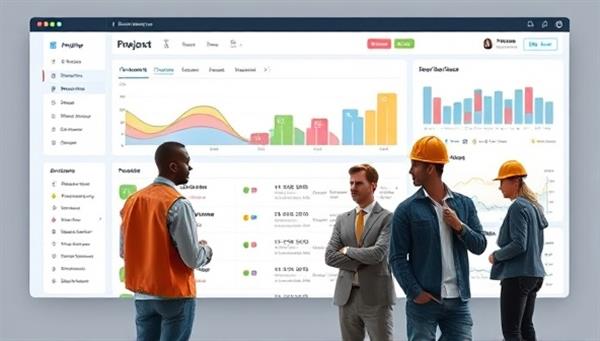 A dynamic dashboard interface displaying project timelines, team collaboration features, document sharing capabilities, and real-time updates, with construction professionals engaging virtually on the platform, symbolizing efficient project coordination and teamwork.