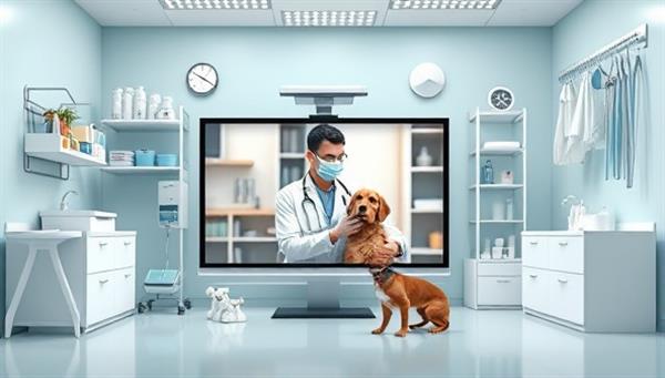 A digital veterinary clinic setup featuring a virtual consultation room with a veterinarian interacting with a pet owner and their furry companion on-screen, surrounded by pet care essentials and medical tools, showcasing professional pet wellness services and care.