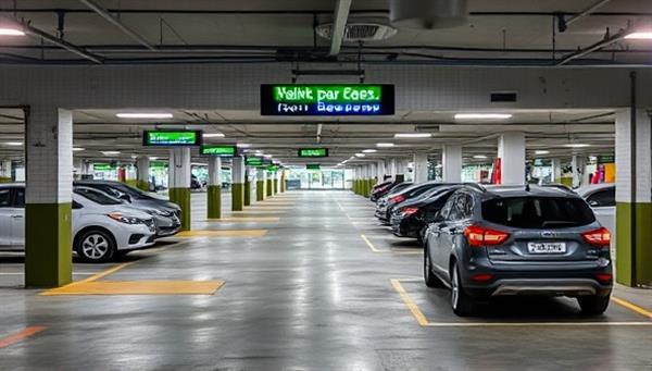 An image of a smart parking lot equipped with sensors and digital displays showing available parking spots, with drivers using the ParkEase Solutions app to reserve parking spaces, demonstrating the convenience and efficiency of the smart parking management system.