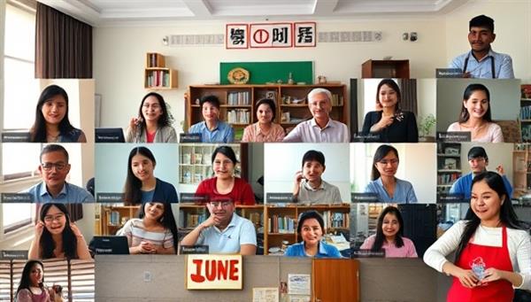 A vibrant virtual classroom setting with a diverse group of participants engaging in a language lesson, cultural activity, or cooking demonstration, illustrating a dynamic and interactive global learning experience.