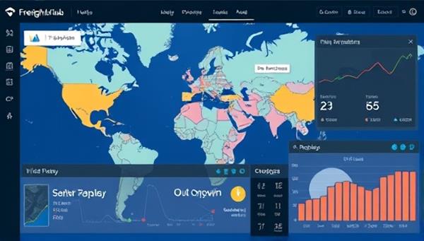 A digital interface displaying a map with various shipping routes and options, along with real-time tracking information and analytics, illustrating the efficiency and transparency of the FreightLink Hub platform in managing freight logistics and operations.