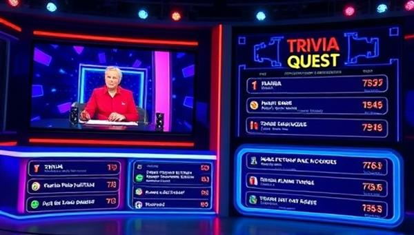 A dynamic virtual trivia night setup with a host interacting with participants on a live stream, vibrant graphics displaying trivia questions, and a leaderboard showcasing top scorers, creating an engaging and competitive atmosphere for Trivia Live Quest.