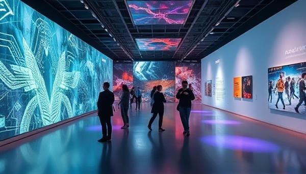 An immersive virtual art gallery environment showcasing digital art installations, interactive exhibits, and NFT artworks, with visitors exploring the virtual space and engaging with cutting-edge art pieces, capturing the fusion of art and technology in ArtVerse Virtual.