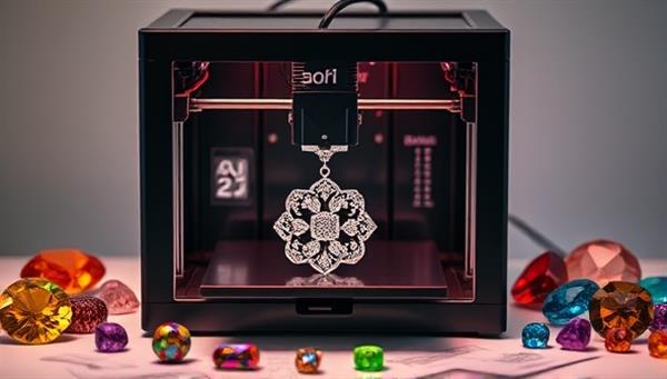 An elegant 3D printer producing a delicate and intricate jewelry piece, surrounded by colorful gemstones and design sketches, highlighting the fusion of technology and craftsmanship in creating unique accessories.