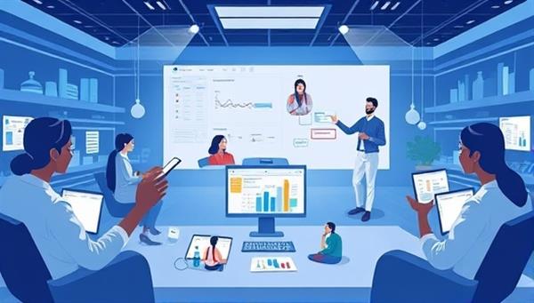 An immersive illustration of a virtual clinical trial setting, featuring diverse participants engaging in telehealth consultations with researchers, collecting data remotely, and interacting through a secure online platform, symbolizing innovation and accessibility in medical research.