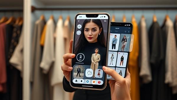 An AI-powered fashion assistant interacting with a user on a smartphone app, displaying various outfit suggestions and personalized styling tips, set against a backdrop of a stylish wardrobe, creating a seamless and futuristic fashion experience.