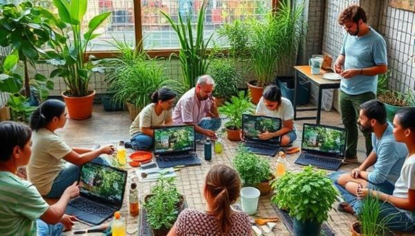 An online gardening workshop scene with a diverse group of participants engaging in plant care activities, surrounded by lush greenery, gardening tools, and digital screens displaying gardening tutorials, showcasing a vibrant and educational virtual gardening experience.