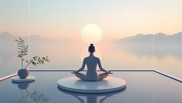 A serene digital oasis setting within the platform, featuring calming visuals, relaxation activities, and a virtual guide leading a meditation session, creating a peaceful and rejuvenating space for mental wellness and stress relief.