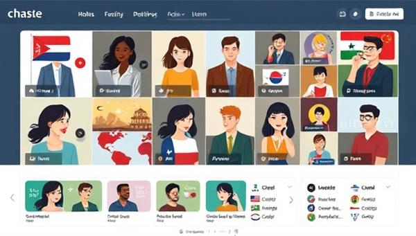 An online platform interface showing virtual language exchange rooms with avatars representing users from different countries engaging in language practice and cultural discussions, showcasing a diverse and interactive learning environment.