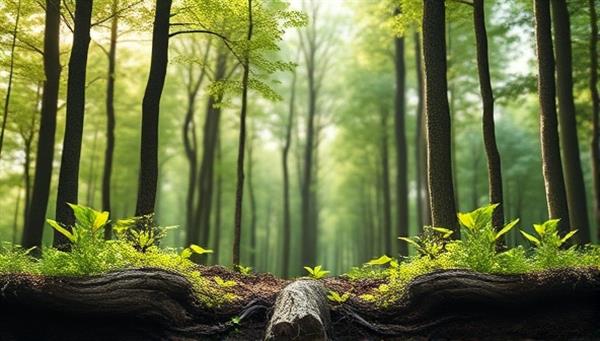 An artistic representation of a digital forest landscape with eco-friendly design tools and elements growing from the ground, symbolizing the organic and sustainable approach of EcoDesign Hub to web design, visually appealing and environmentally conscious.