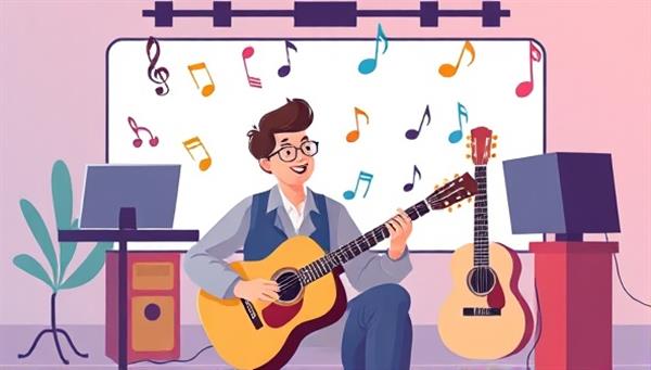 An engaging and lively virtual music lesson scene within the platform interface, featuring a music instructor and a student interacting through a video call, with musical notes and instruments floating around them, creating a dynamic and immersive learning experience for music enthusiasts.