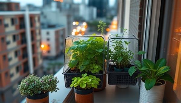 An engaging image showcasing a compact urban garden setup on a balcony, windowsill, or kitchen counter, with vibrant plants growing in the provided kits, surrounded by urban elements like buildings and city lights, illustrating the harmony of nature in an urban environment.