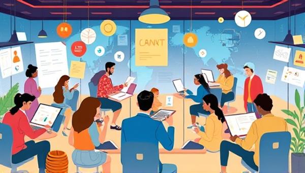 An engaging illustration of diverse characters immersed in a virtual design world, working on their creative projects and sharing feedback, fostering a sense of community and collaboration within the DesignQuest platform.